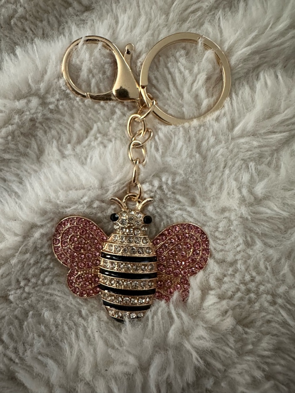 Gold Tone Pink & Clear Pave Crystal Bee Keychain Charm - Luxury Bag Charm 4”x2” - Picture 4 of 4